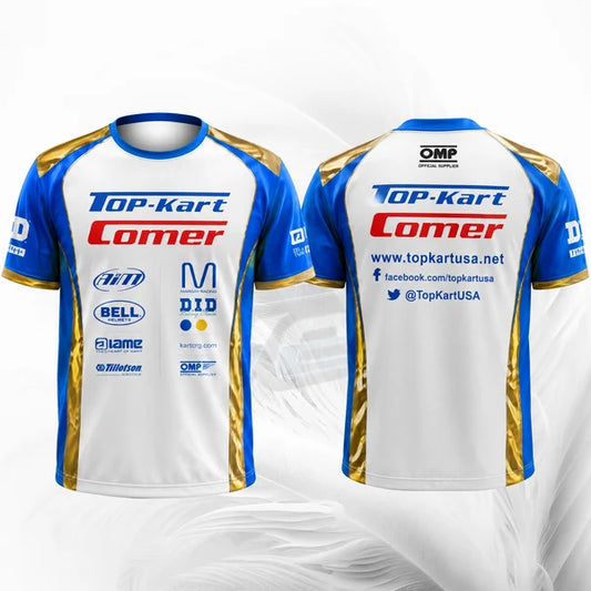 Top-Kart Lomer Racing T-Shirt – White, Blue & Gold Karting Apparel